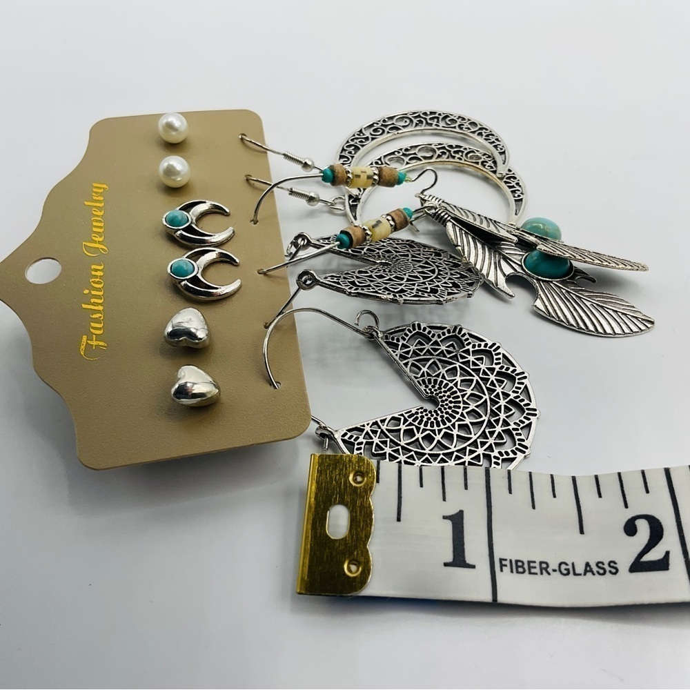 6 Pairs Boho Stud Earring Set Bohemian Feather Heart Dangle Jewelry Silver Tone - Picture 6 of 8